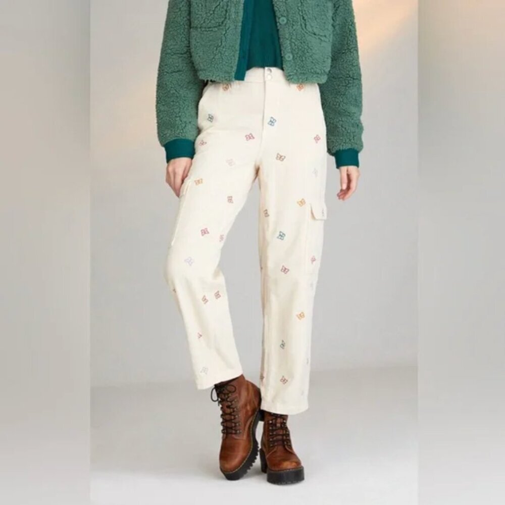 PacSun Beige Embroidered Butterfly Cargo Straight Leg Pants - Picture 2 of 7
